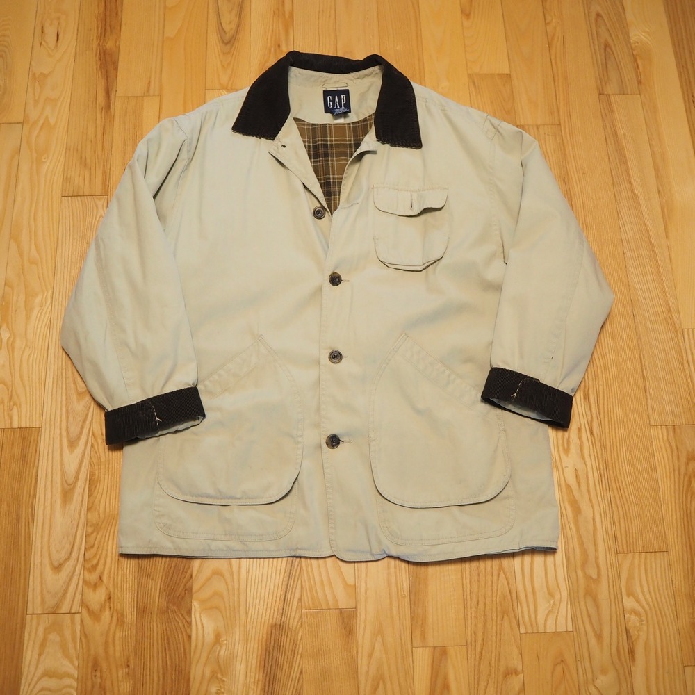 Vintage GAP Chore Coat XL Khaki Corduroy Collar Quilted Plaid Lining Barn Jacket